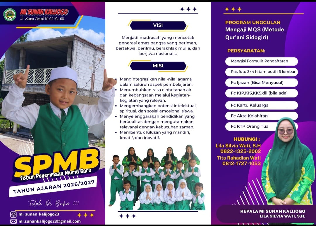 MI Sunan Kalijogo Buka Pendaftaran Murid Baru Tahun Ajaran 2026–2027